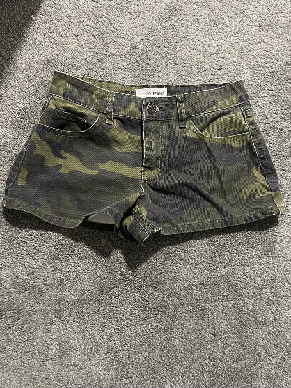Camo Low-Rise Jean Shorts in Olive Green
